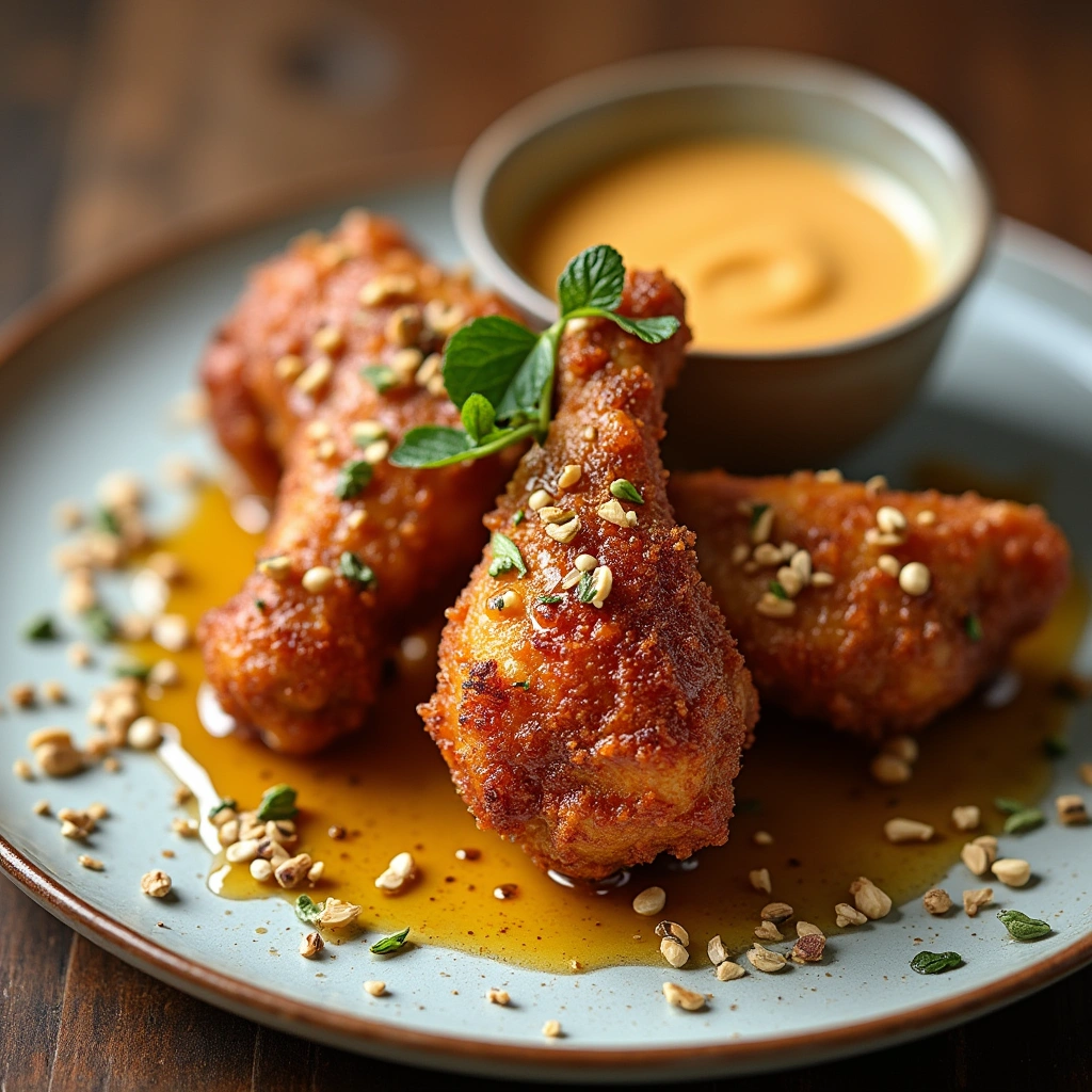Close-up of crispy fried chicken drizzled with honey butter sauce