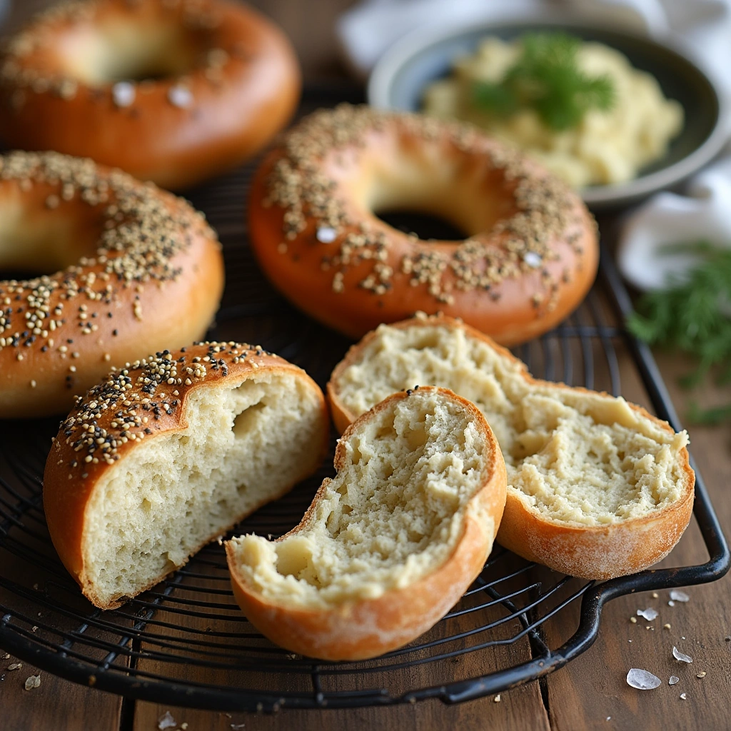 Golden-brown sourdough bagels freshly baked