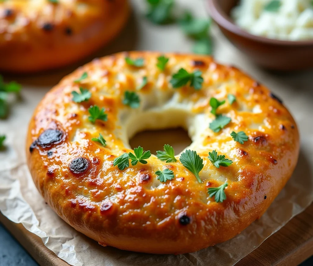 Close-up of freshly baked Asiago cheese bagels with a golden crust on a wooden tray.