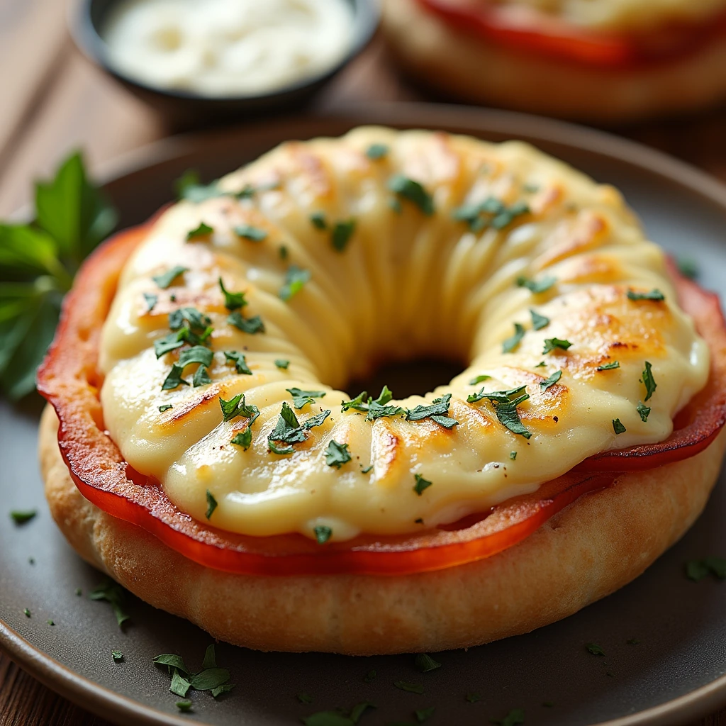 Close-up of freshly baked Asiago cheese bagels with a golden crust on a wooden tray.