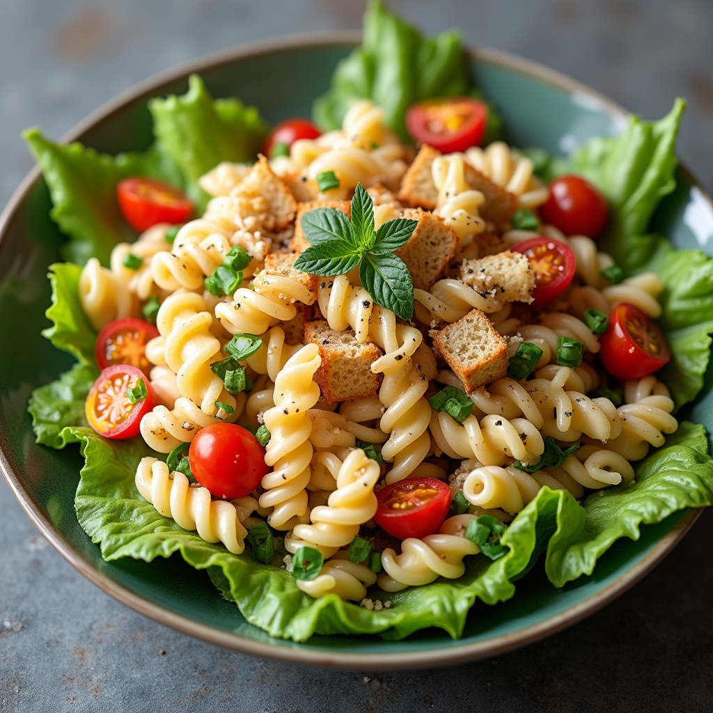 Close-up of freshly caesar pasta salad