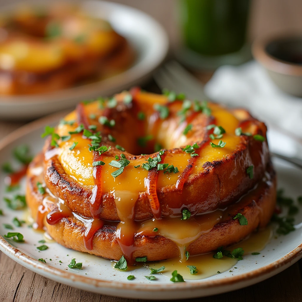Close-up of French Toast Bagel showing texture and cinnamon topping and syrup