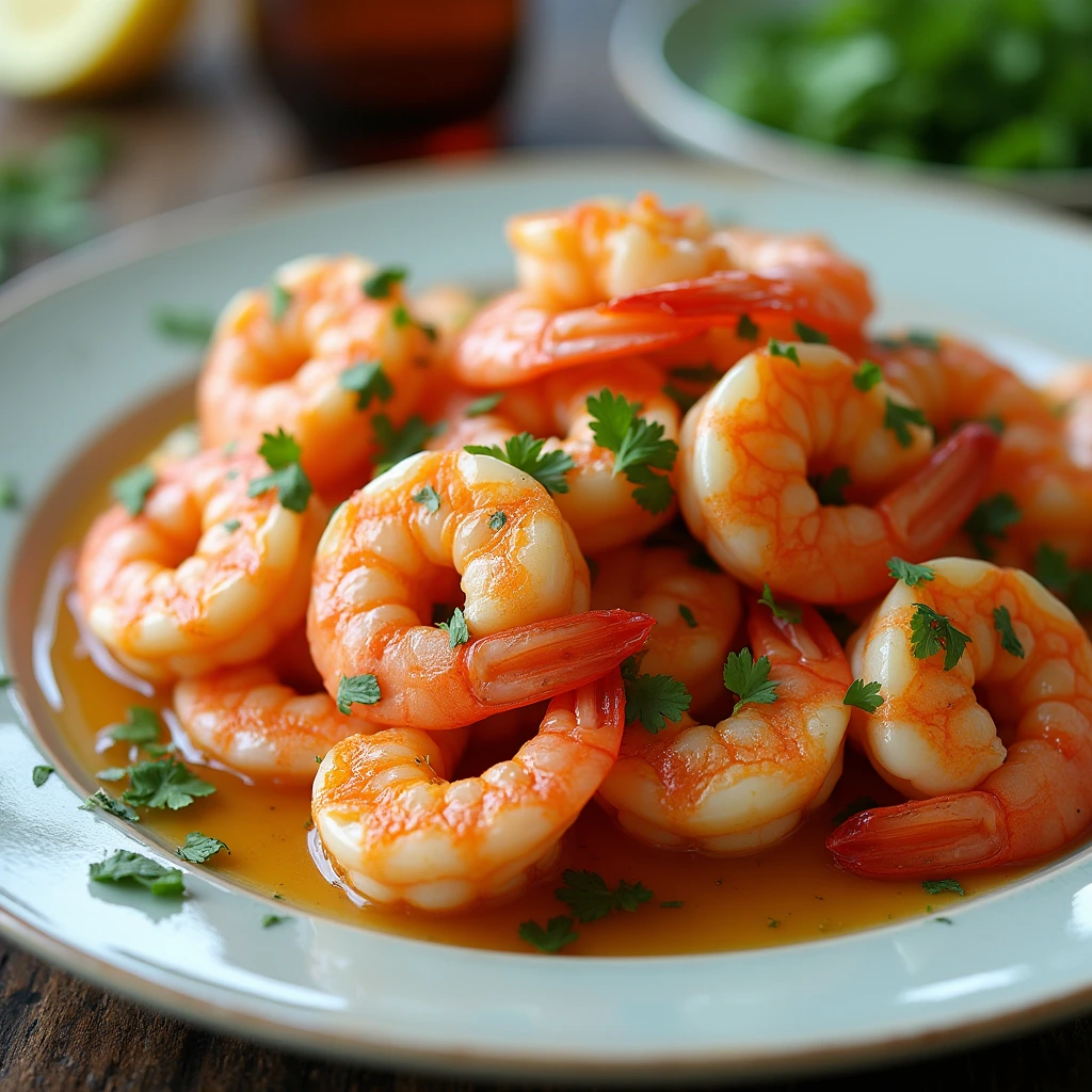 Close-up of cooked Hello Fresh shrimp with garlic and lemon