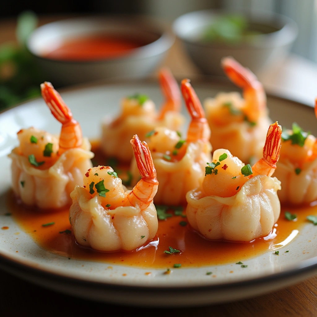 Delicious shrimp shumai dumplings being dipped in soy sauce