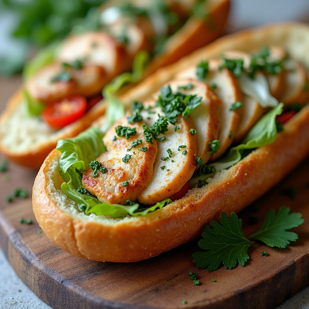 The picture featuring the Chicken caesar salad in the French loaf