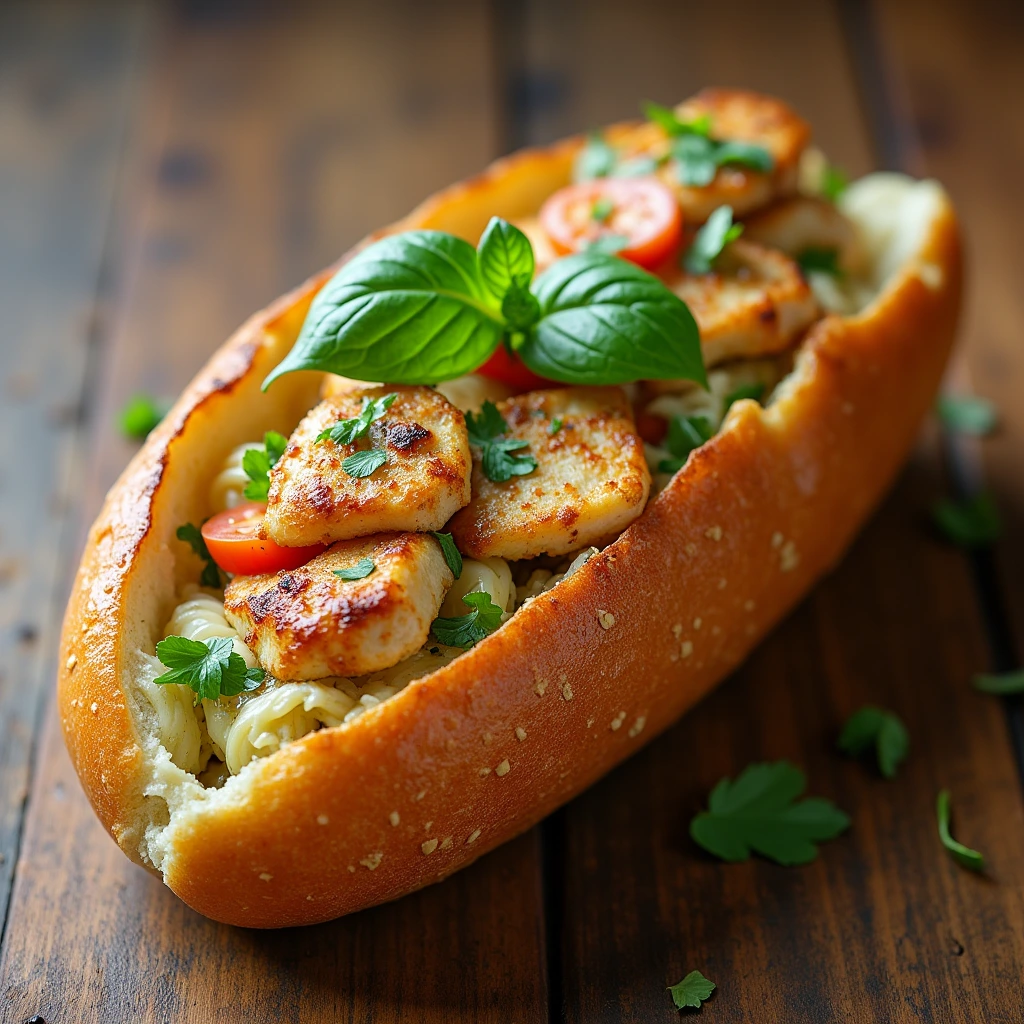 The picture featuring the Chicken caesar salad in the French loaf 