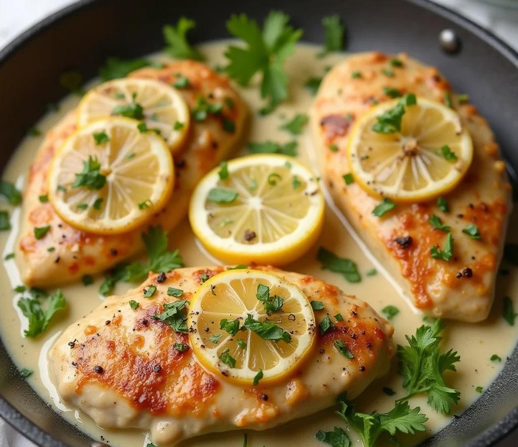 late of creamy lemon butter chicken with herbs and lemon slices on a rustic wooden table