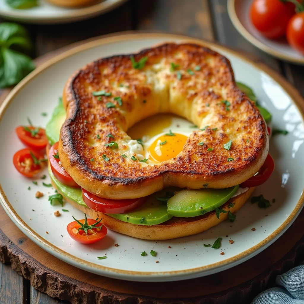 Homemade French Toast Bagel with avocado , egg and tomato