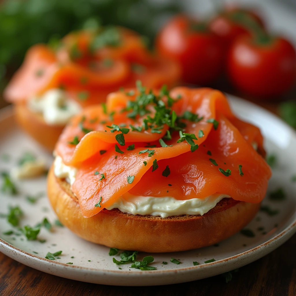 salted cream cheese bagel with smoked salmon, capers, and fresh herbs