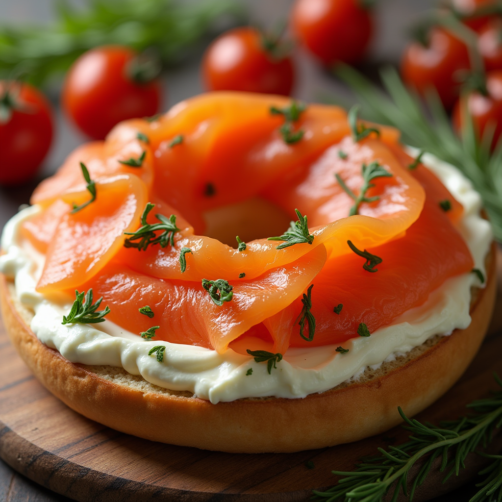 Sliced Everything Bagel with cream cheese, smoked salmon, and capers for a classic topping combination