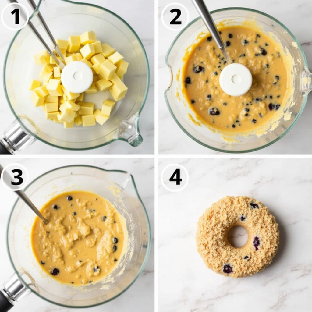  four steps of making blueberry bagels. 