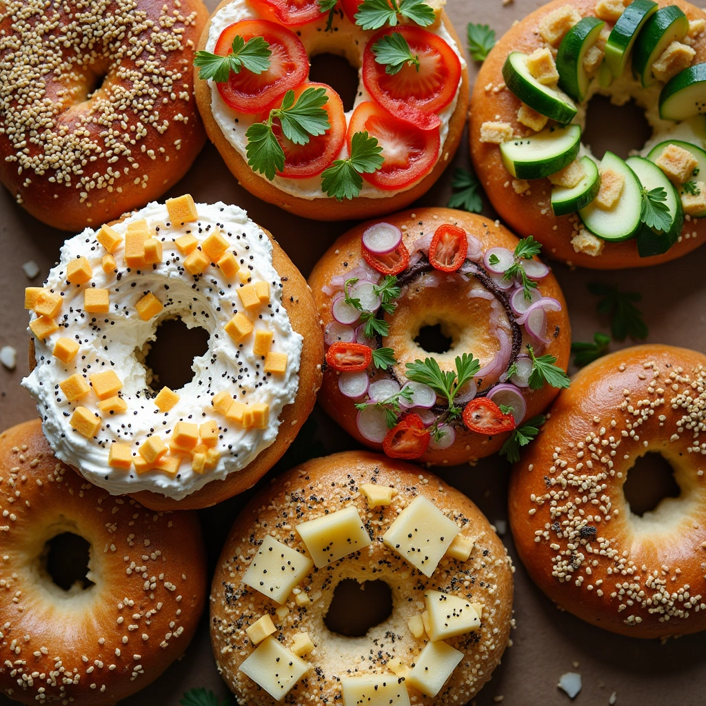 Variety of Everything Bagels topped with fresh vegetables, cream cheese, and tomato