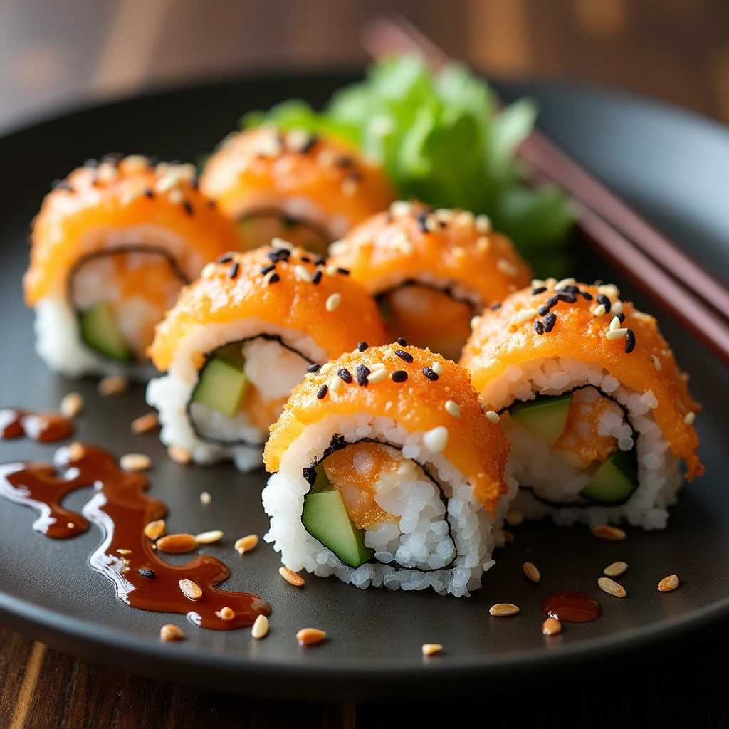 Shrimp tempura rolls on a sushi plate, beautifully rolled with crispy shrimp, seasoned rice, and fresh ingredients