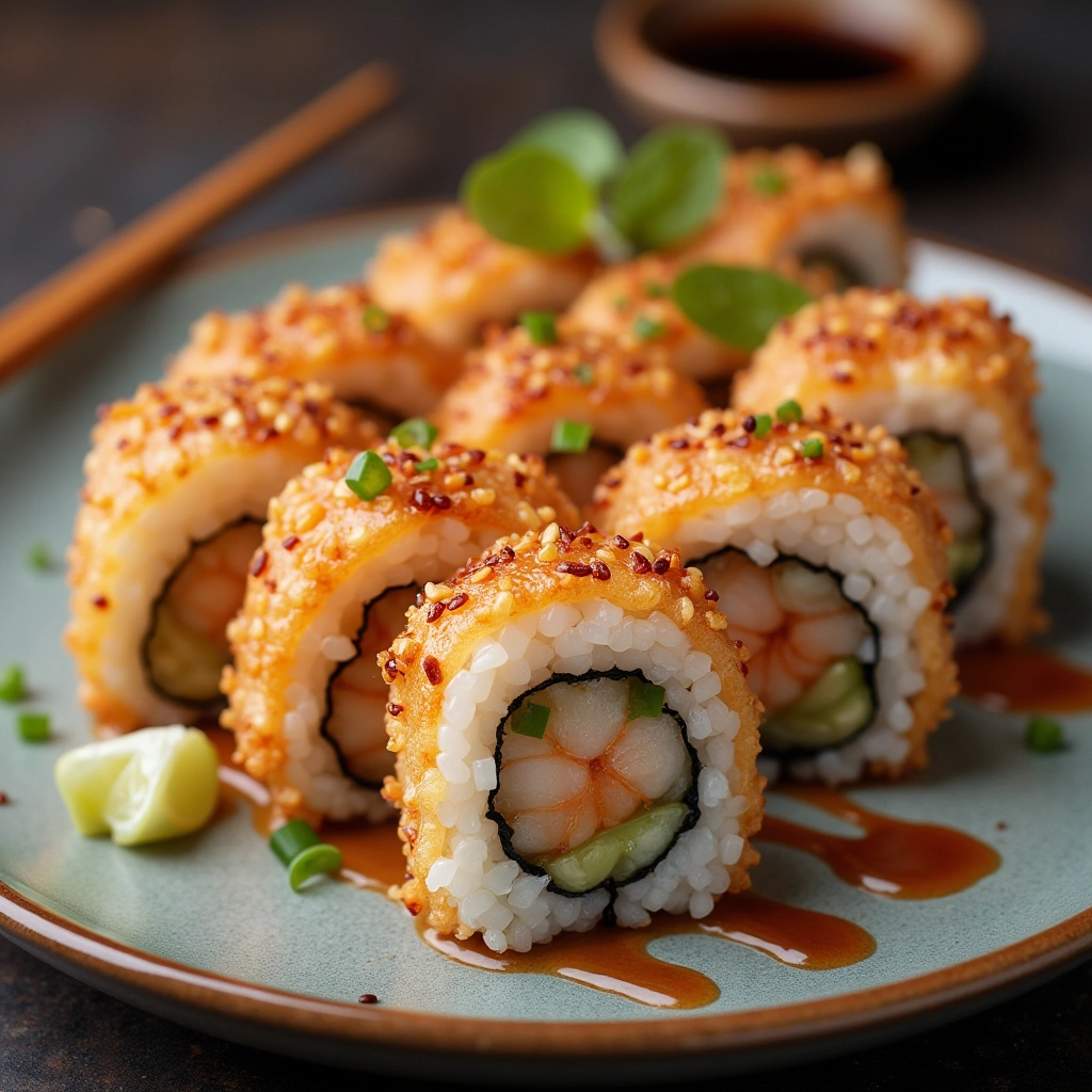Shrimp tempura rolls on a sushi plate