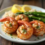 Stuffed shrimp ready to be served with rice an asparagus