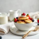 Mini pancakes served with fresh fruits, whipped cream