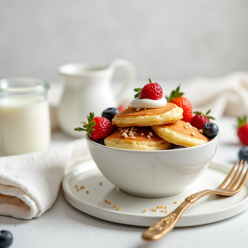 Mini pancakes served with fresh fruits, whipped cream