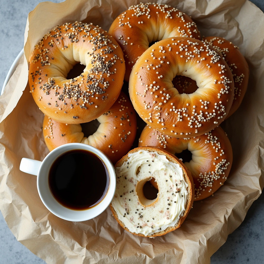 Close-up of hot bagels with cream cheese and coffee, perfect for breakfast